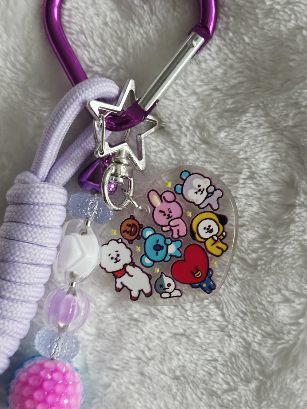 BT21 BTS Lavender Heart Clip Keychain with Bead Charm Kpop Bag Charm
